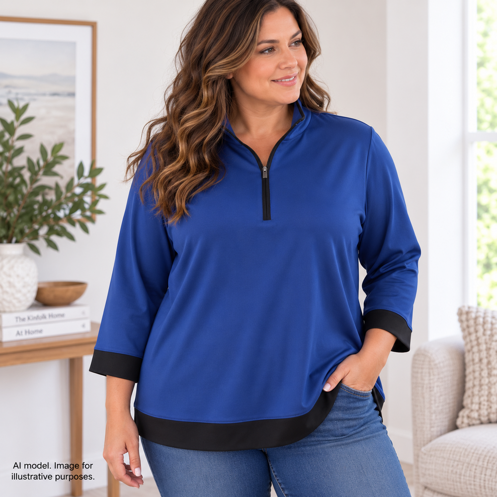 Chicos Zenergy 4 Pullover Womens XXL 20/22 Blue Mock Neck Contrast Hem Half Zip